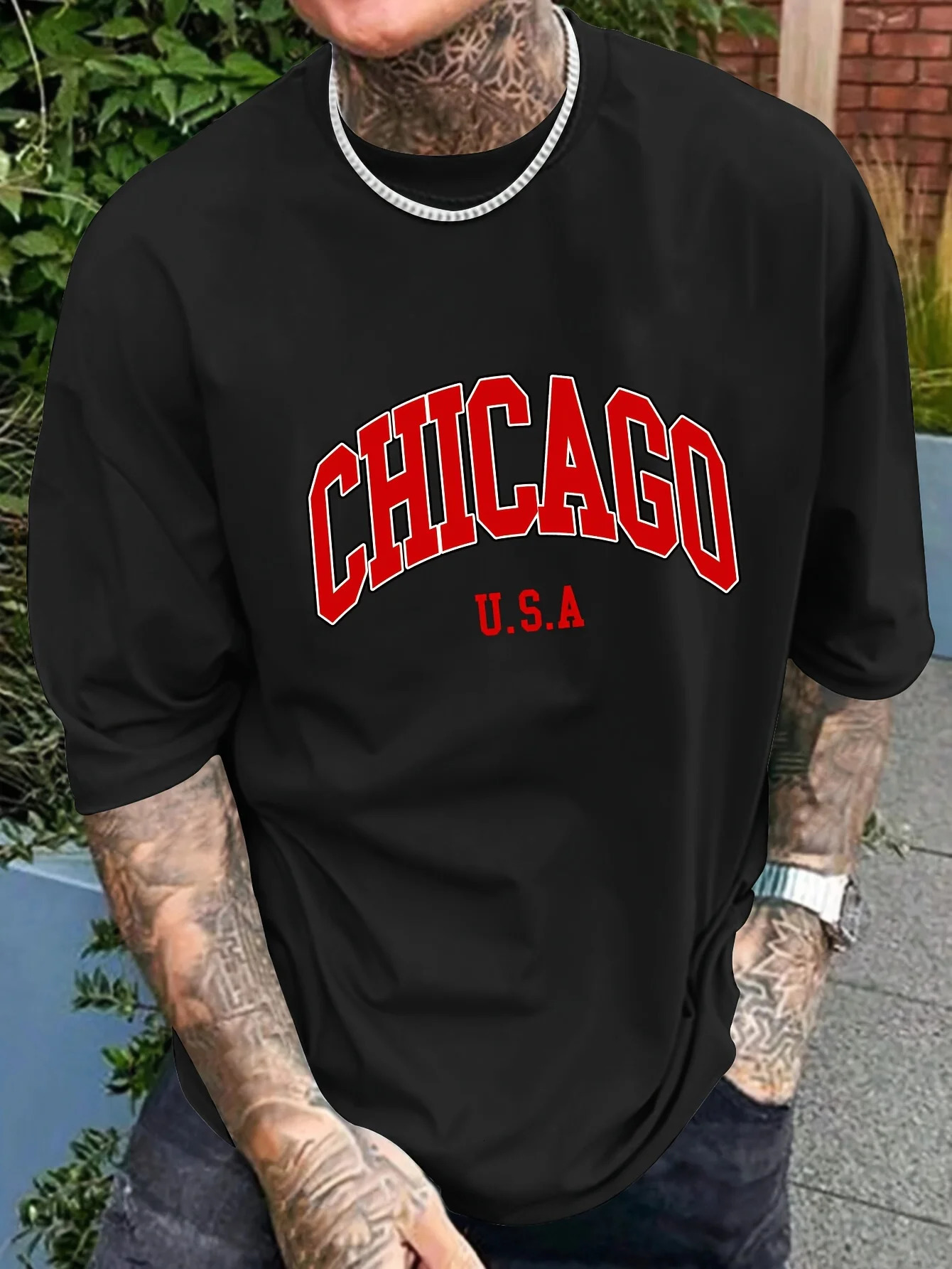 Summer mens 100 pure Polyester sports casual loose fit plus size Chicago USA printed round neck short sleeved Tshirt top 250210Z