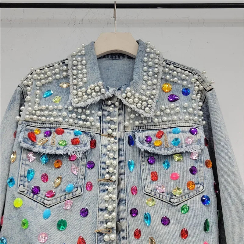 Spring Autumn Women Rainbow Diamonds Pearls Beaded Denim Jacket Rhinestones Rivets Short Jeans Cow Cardigan Sequined Outwear 250122