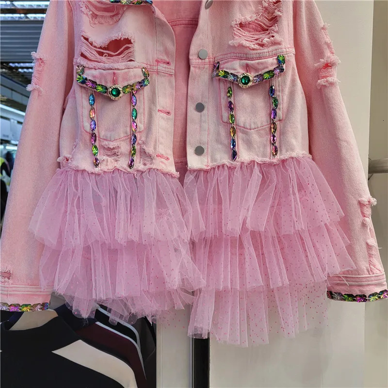 Heavy Work Mesh Splicing Diamonds Big Pocket Denim Jacket Women Slim Holes Cow Outerwear Korean Pink Jeans Jacket Coat Female 250122