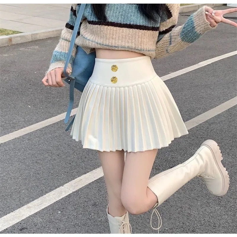 Autumn Winter Tweed Pleated Skirt For Women High Waist Slim Retro Short 250206Z