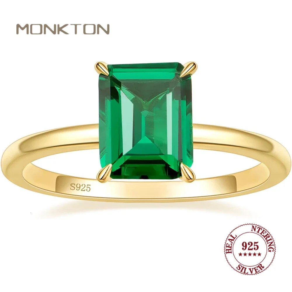 Monkton 100% 925 Sterling Silver Engagement Rings for Women 3CT Solitaire Created Green Emerald Wedding Band Promise Jewelry250122