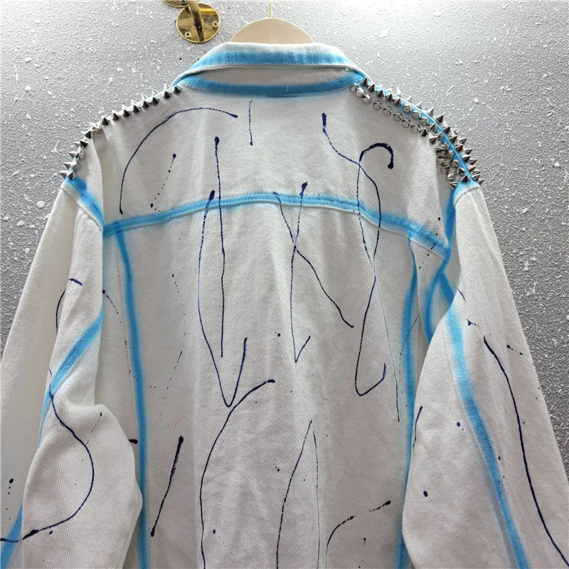 Multicolour Rivet Diamonds Big Pocket Denim Jacket Women Loose Short White Blue Cow Outerwear Print Jeans Jacket Coat Female 250122