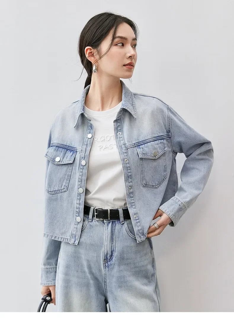 SENTUBILA Womens Spring Cropped Denim Jacket 2025 Long Sleeve Outerwear Short Coat 100% Cotton Washed Jean Jackets W43W56031 250122