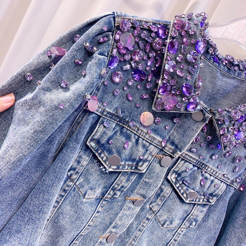 Harajuku Vintage Washed Blue Short Denim Jacket Beaded Diamond Sequins Lapel Long Sleeve Spring Autumn Women Casual Jeans Jacket 250122