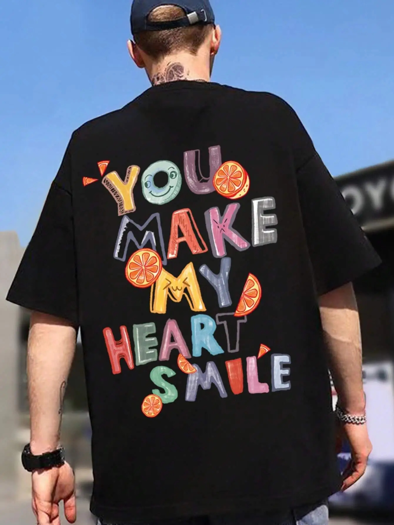 You Make My Heart Smile Fruit Letter Graphic Tshirt Mens Loose Casual Short Sleeve Summer Harajuku Breathable Cotton 250208