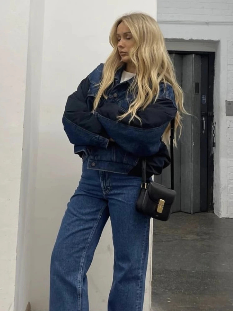 ZBZA Womens Vintage Patchwork Denim Jacket Lapel Long Sleeve Single Breasted Short Bomber Outerwear Fall Female Chic Coat 250122