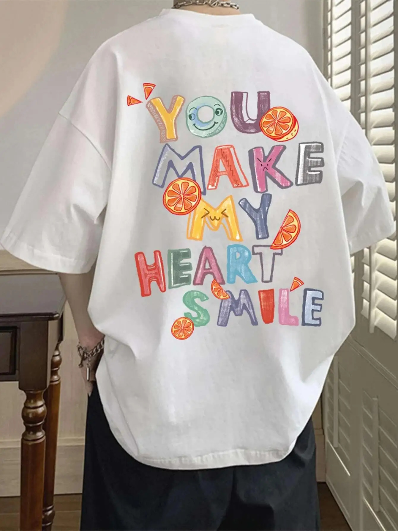 You Make My Heart Smile Fruit Letter Graphic Tshirt Mens Loose Casual Short Sleeve Summer Harajuku Breathable Cotton 250208