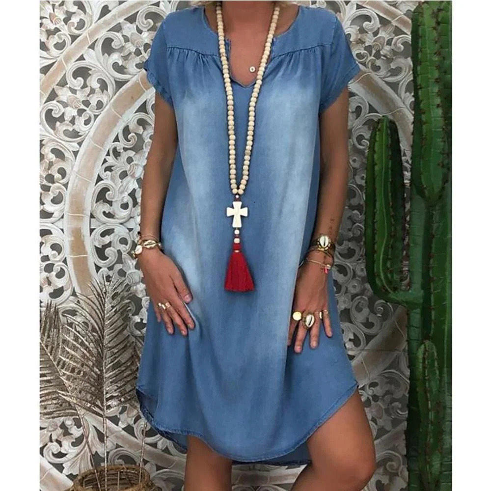 Denim Dress Swing Summer Plus Size 1XL5XL Womens Fashion Casual Solid V Neck Long Party Loose Short Sleeve 250121