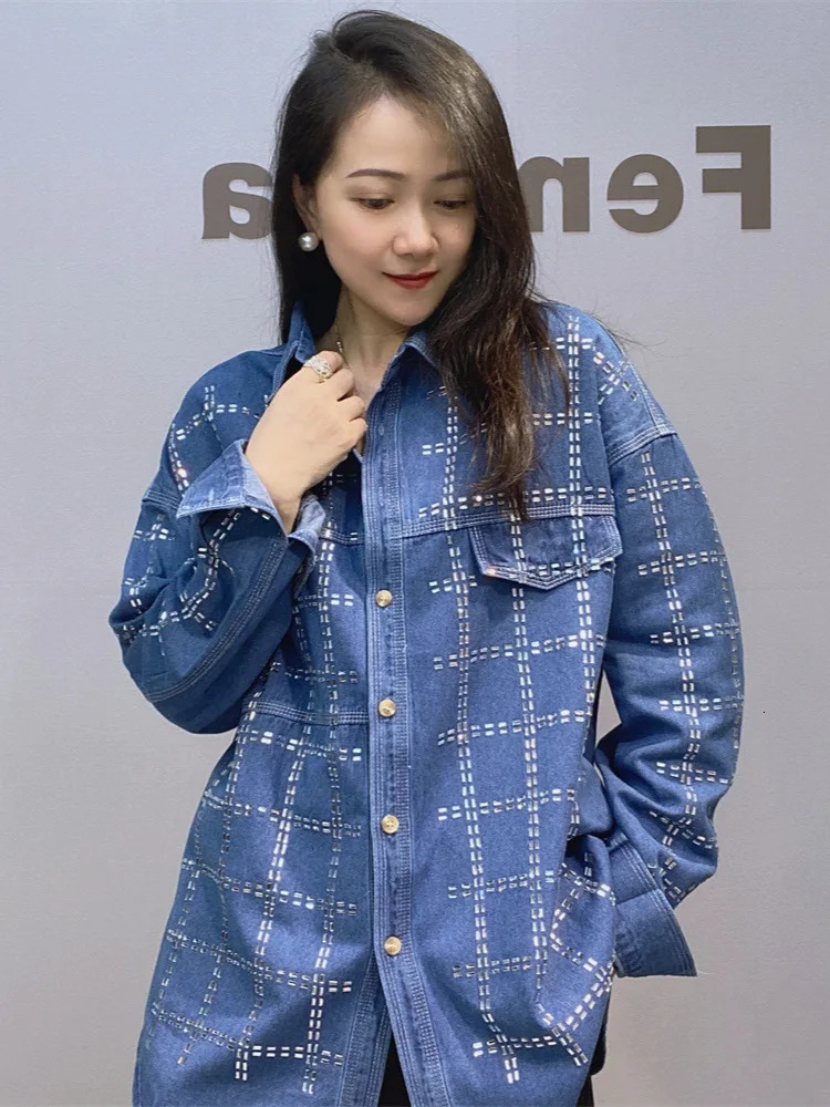 Women Chic Top Striped Diamond Denim Jacket Casual Fashion Women Shirt Long Sleeve Jeans Blouse Coat 250122