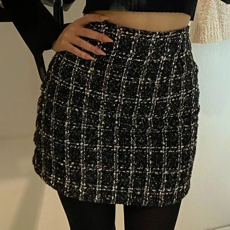 Plaid Wool Skirt Women Textured Glittery High Waist ALine Tweed Mini Saia Feminina Fall Winter 2024 Classic Outfit 250206Z