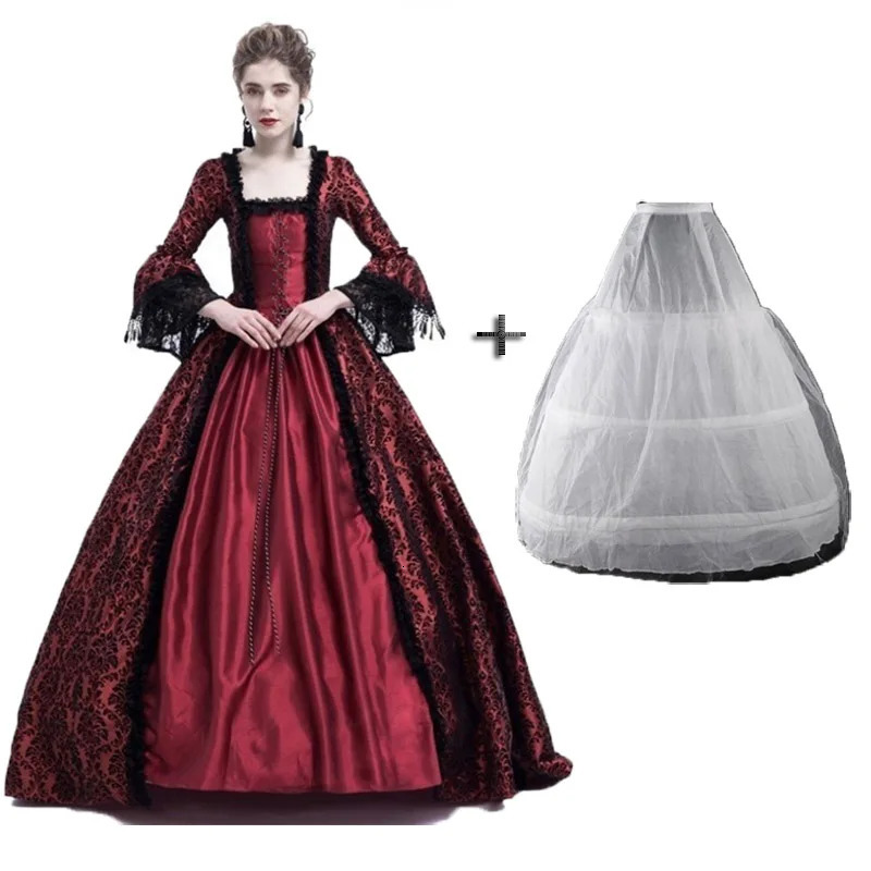Medieval Renaissance Long Dress Queen Gown Party Cosplay Costume Square Collar Maxi Dresses with petticoat S-XXXL250206