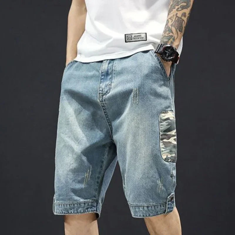 Man Denim Shorts Knee Length Short Jeans Pants for Men Selvedge Long Camouflage Half Cow Trend Wide Thin 250206
