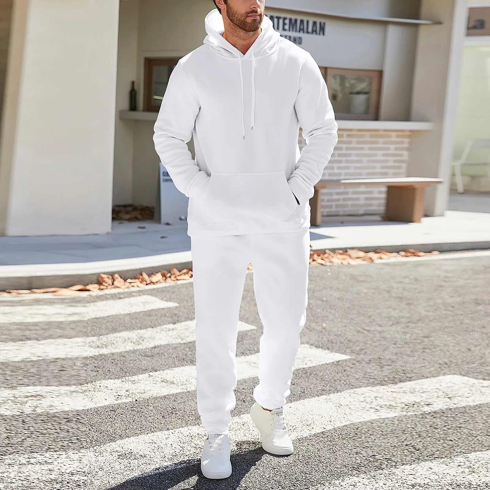 Mens Orange Tracksuit Set Solid Color Hoodies And Sweatpants 2 Piece Set Autumn Winter Sportswear Mens Jogging Gym Clothing 250208