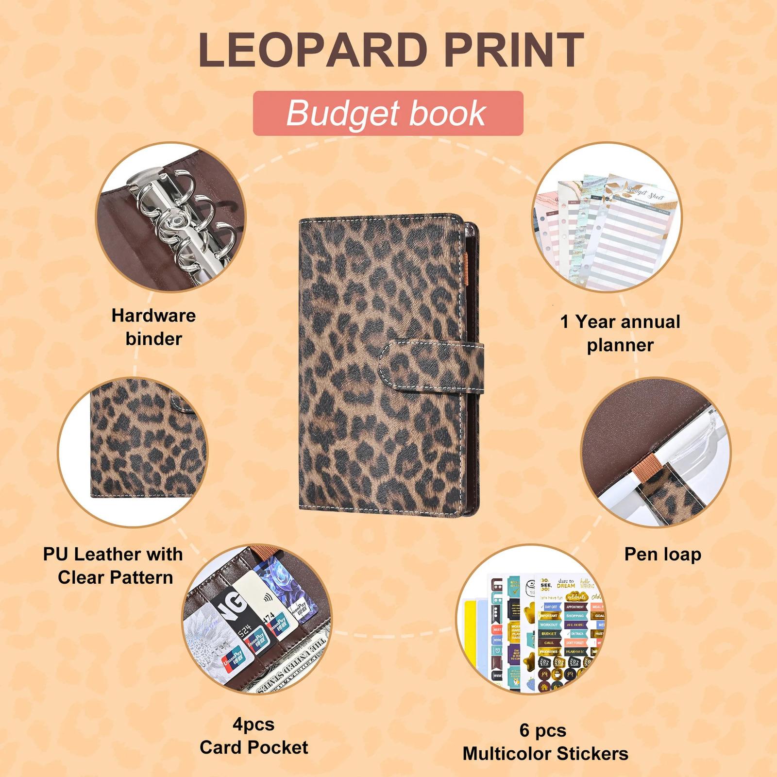 A6 Leopard Print Loose Leaf Cover Plan Book Binder 6 Holes Cash Budget Binder Notebook Office Stationery 250207