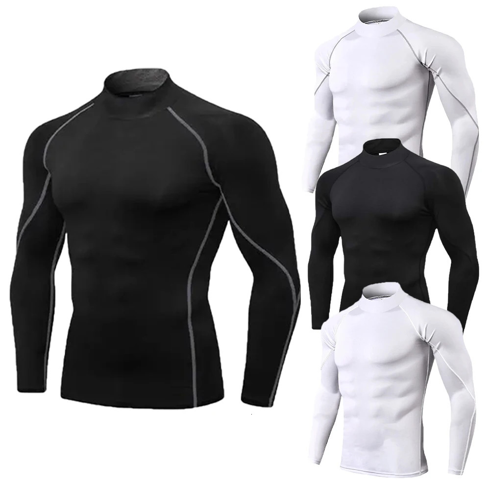 Mens Workout Compression Shirt Turtleneck Long Sleeve Rash Guard Gym Base Layer Athletic Undershirt Gear Sports Shirt 250206