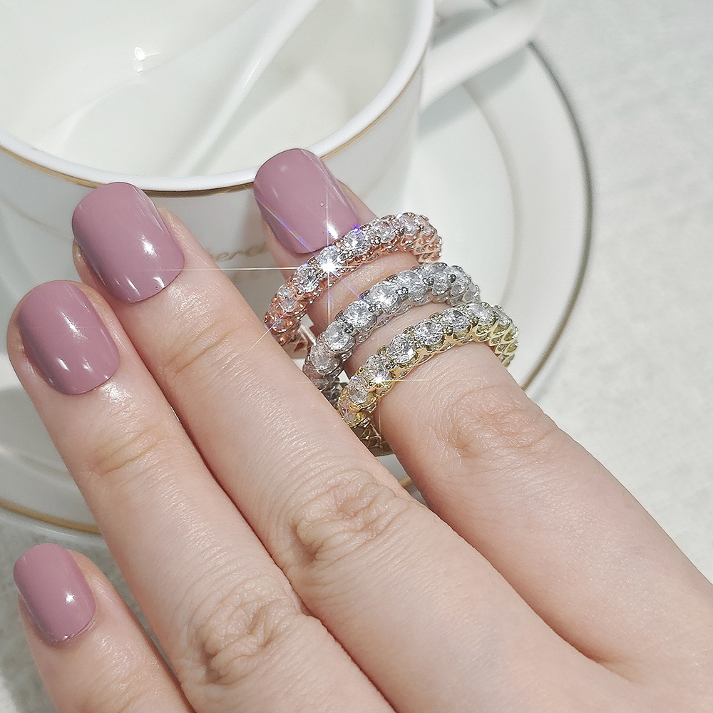 Unique Design Rose Gold 925 Silver Color Round 5A Cubic Zircon CZ Diamond Gemstones Eternity Band Ring for Women Anniversary Gift Jewelry Wholesale