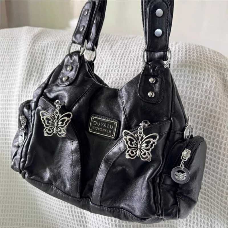 Xiuya Y2k Black Wens Shoulder Bag Gothic Advanced Fi Tote Bag Large Capacity Leather Motorcycle Vintage Handbag B250618