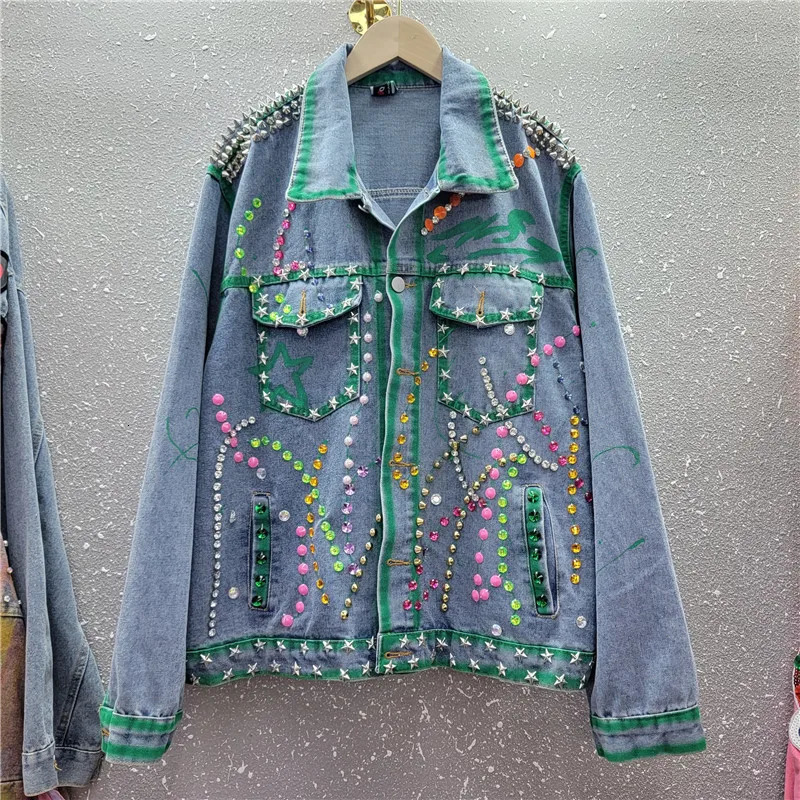 Multicolour Rivet Diamonds Big Pocket Denim Jacket Women Loose Short White Blue Cow Outerwear Print Jeans Jacket Coat Female 250122