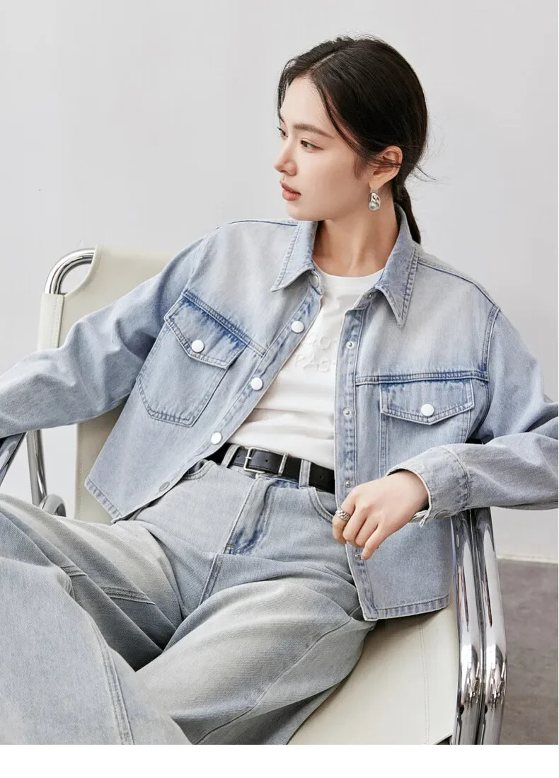 SENTUBILA Womens Spring Cropped Denim Jacket 2025 Long Sleeve Outerwear Short Coat 100% Cotton Washed Jean Jackets W43W56031 250122