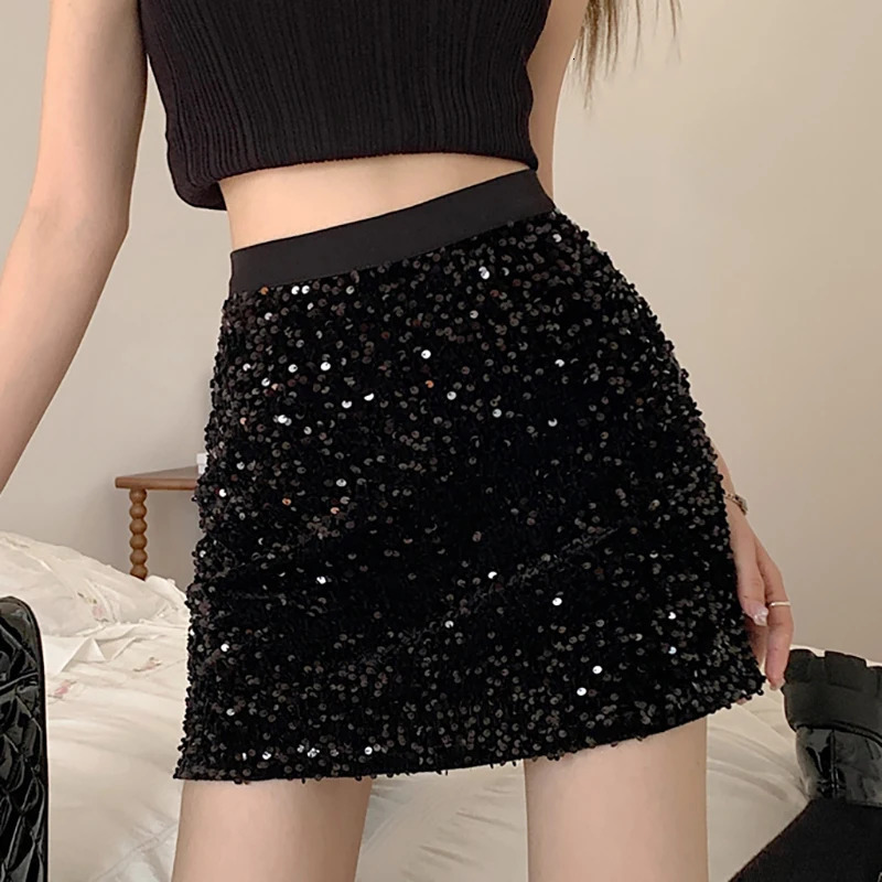 ITOOLIN Women Casual High Waist Tweed Aline Skirts Chic Shiny Sequined Bodycon Mini For Party Package Hip 250206Z