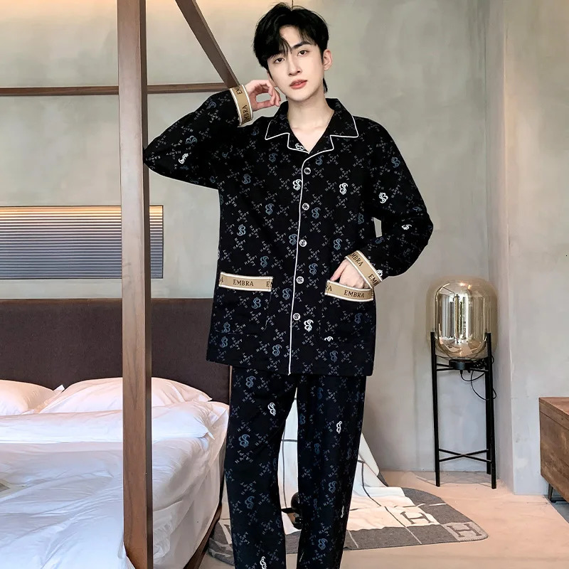 Black ious Men Pajamas Set Autumn Winter Long Sleeves Long Pants Casual Sleepwear Soft Pyjamas Cozy Pijamas Adult Pjs Sleep 250206