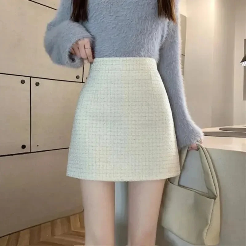 Korean high waisted coarse tweed skiing womens fashion restrained streetwear mini solid color fully matched Aline 250206Z