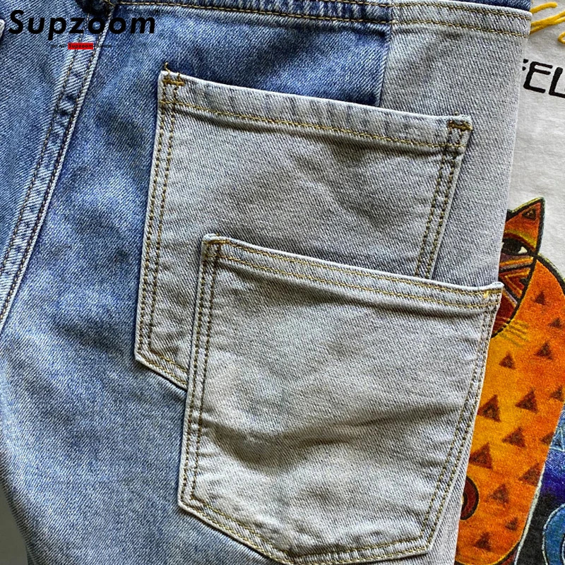 Supzoom Arrival Top Fashion Autumn Zipper Fly Stoashed Casual Patchwork Cargo Denim Pockets Cotton Jeans Men 250115