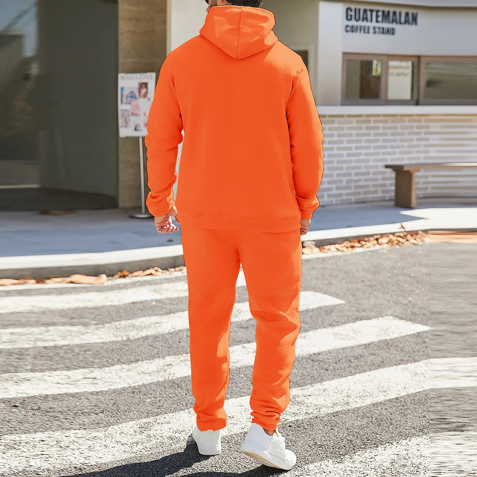 Mens Orange Tracksuit Set Solid Color Hoodies And Sweatpants 2 Piece Set Autumn Winter Sportswear Mens Jogging Gym Clothing 250208