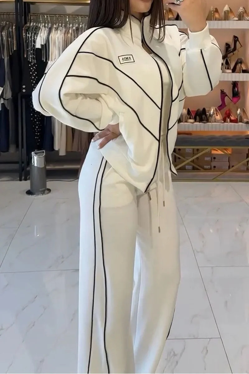 Women Fashion Elastic Waist Lace-up Solid Sport Outfits Casual Long Sleeve Loose 2Pc Set Elegant Zip Sweatshirt Long Pant Suit 250208