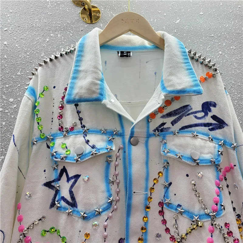 Multicolour Rivet Diamonds Big Pocket Denim Jacket Women Loose Short White Blue Cow Outerwear Print Jeans Jacket Coat Female 250122