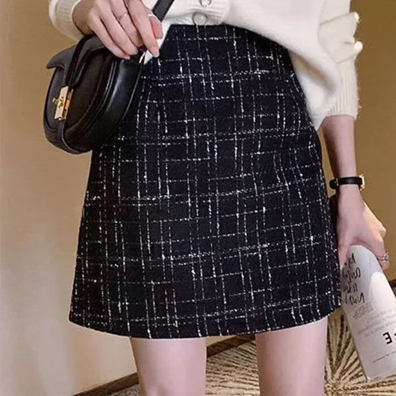 Glittery Tweed Skirt for Women High Waist with Gold Thread Pencil Mini Ladies Autumn Winter 250206Z