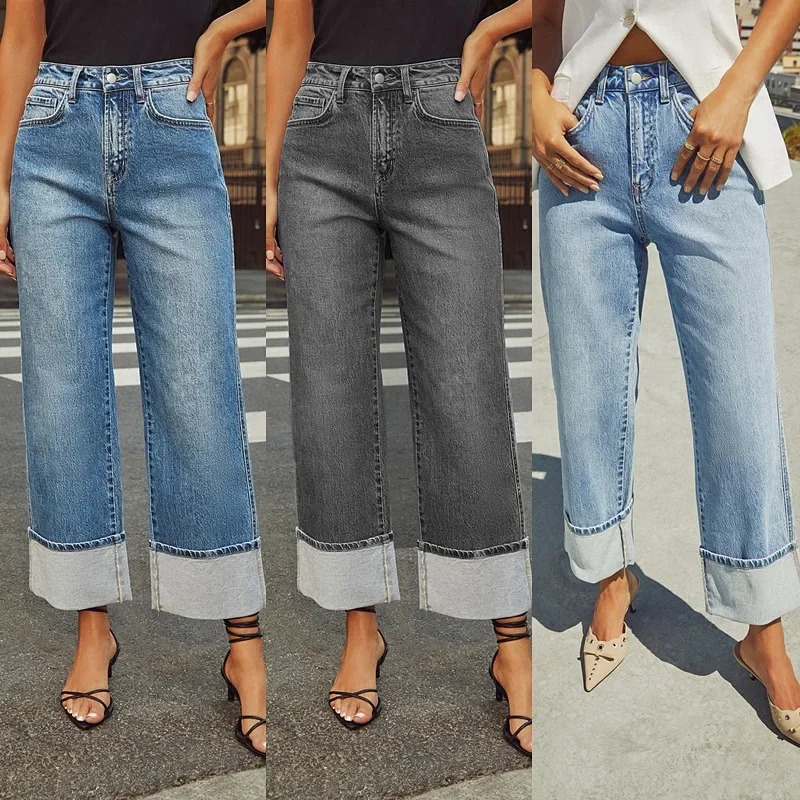 Women Jeans Wide Leg Pant Denim Long Pants High Waist Vintage Button Pocket Y2k Tops Straight Trousers Simple Loose Streetwear 250206