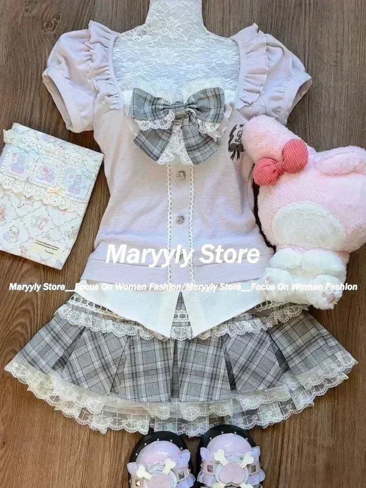 Japanese Sweet Preppy Style Skirt Set Women Kawaii Lace Patchwork Bow Tops Y2k Plaid Mini Elegant Outifits 2 Piece 250208