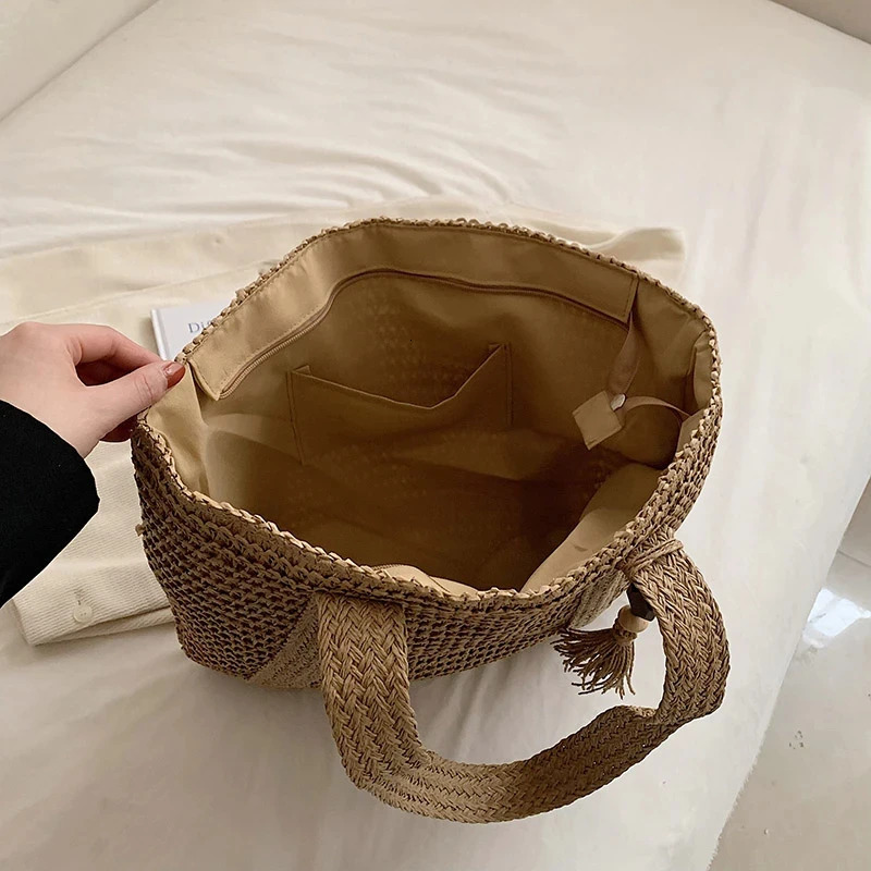Large Capacity Weave Tote Bag Summer Travel Beach Straw Handbag Tassel Female Bohemian Shoulder Bag for Women 250207
