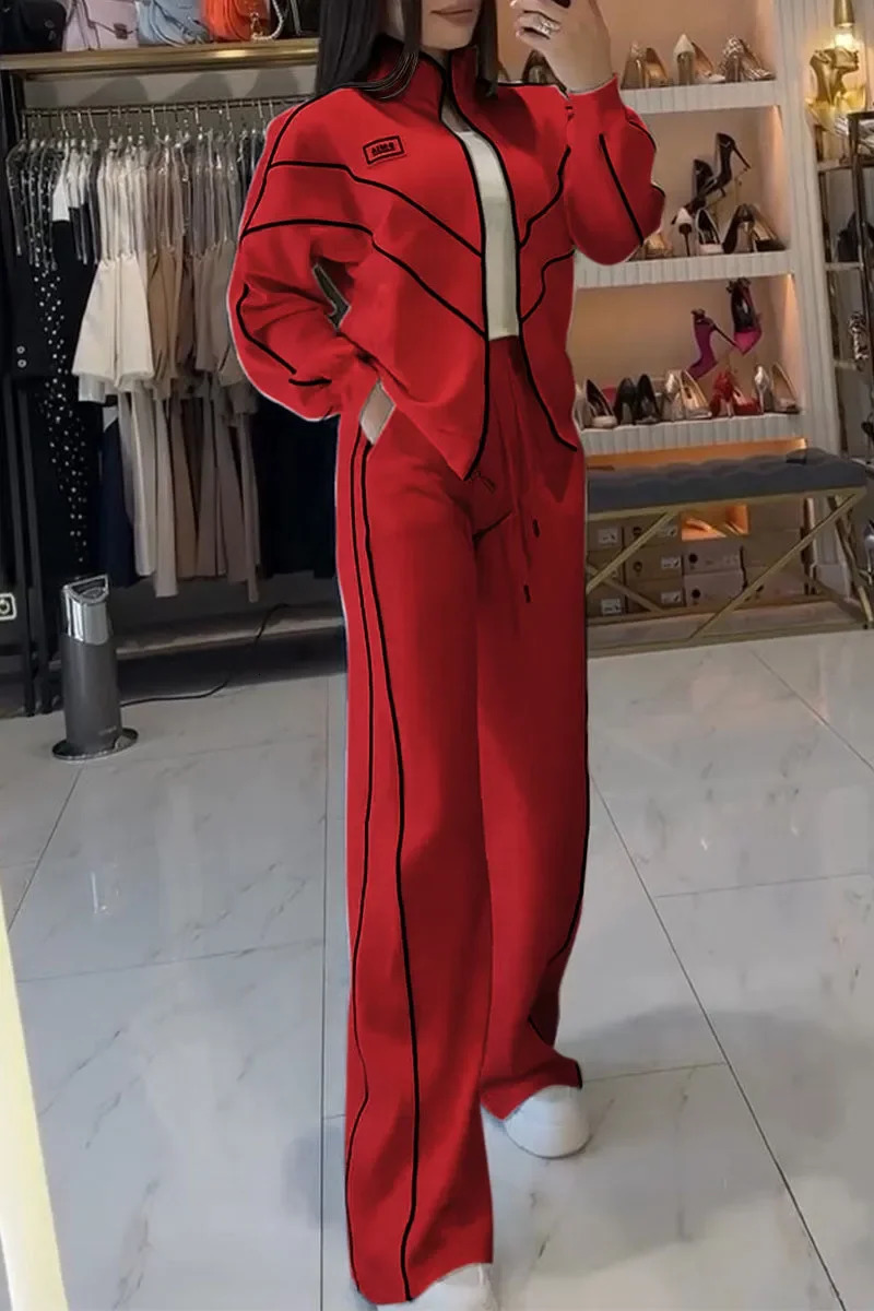 Women Fashion Elastic Waist Lace-up Solid Sport Outfits Casual Long Sleeve Loose 2Pc Set Elegant Zip Sweatshirt Long Pant Suit 250208