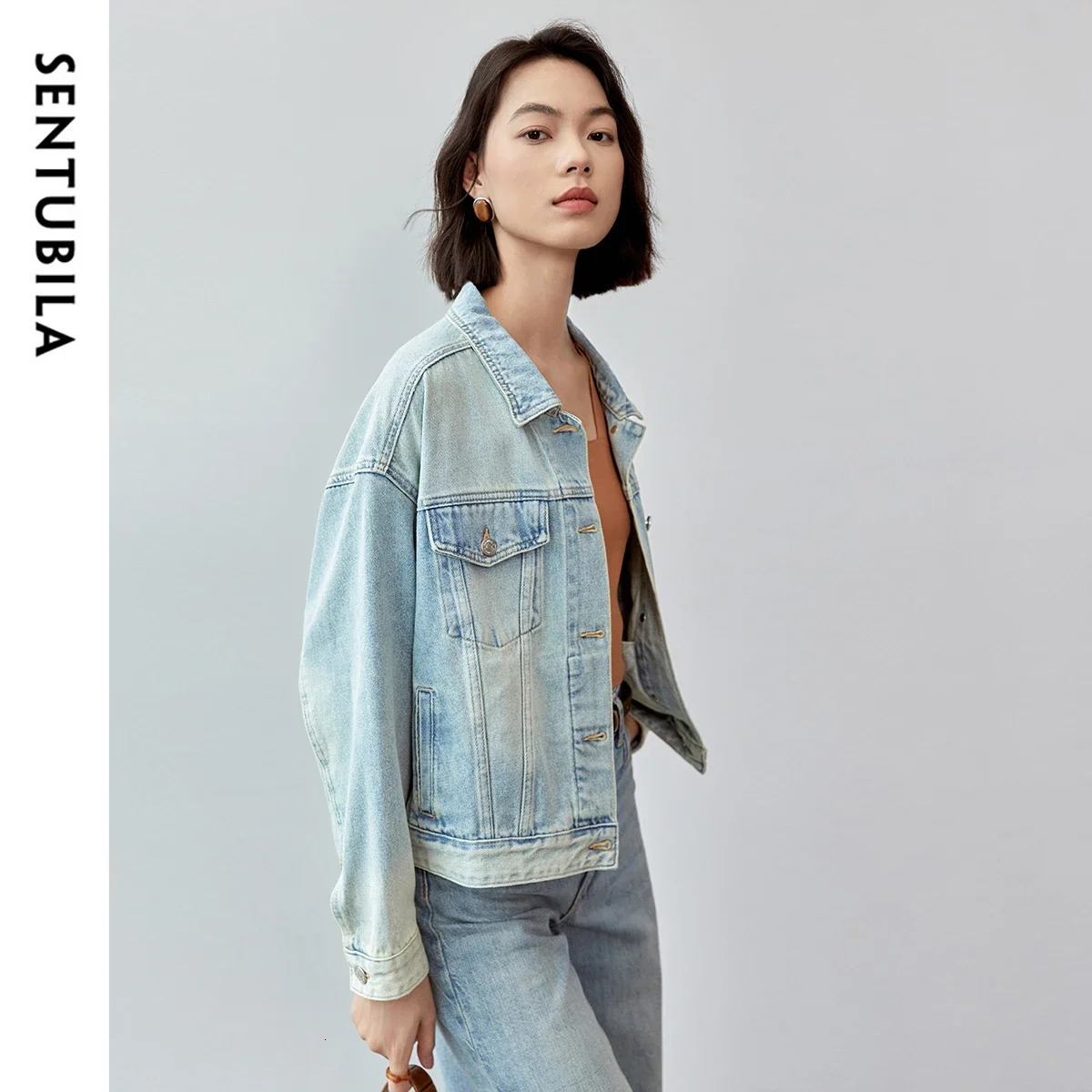 SENTUBILA Womens Spring Short Denim Jacket 2025 Fashion Loose Fit Long Sleeve Short Denim Coat Ladies Tops W43W57374X 250122