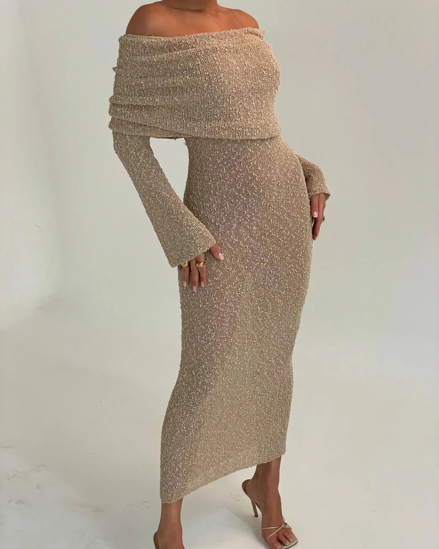 DRC Female Cover up Loose Long Sleeve Holiday Beach Party Dress Women Knitwear Dress Knit Hollow Out Off-Shoulder Maxi Dress 250208