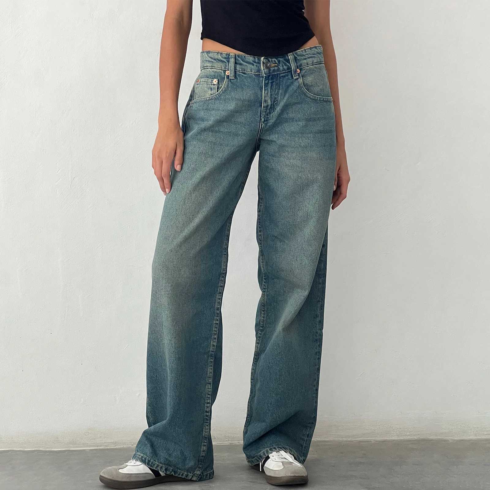Women Vintage Aesthetic Y2k Low Rise Baggy Jeans Loose Fit Boyfriend Straight Wide Leg Jeans Trendy Stretch Long Denim PantsT250208