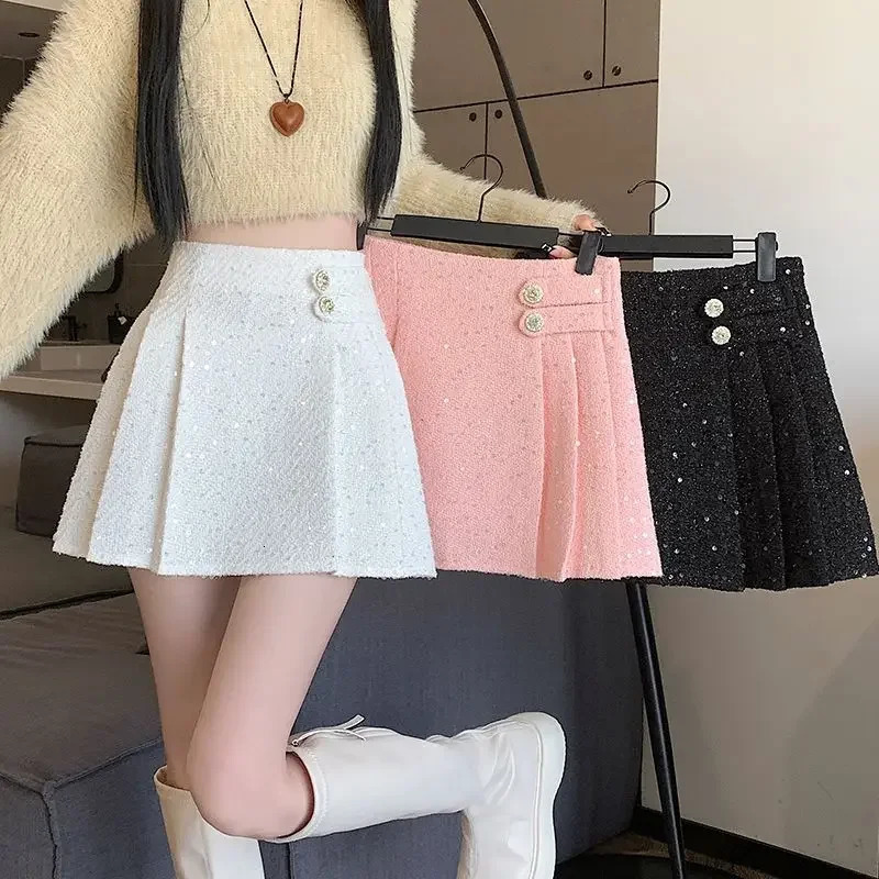 Women Tweed Skirts Fashion Pencil Bodycon High Waist Vintage Autumn Winter Slim Korean Elegant Short Mini pleated Skirt 250206Z