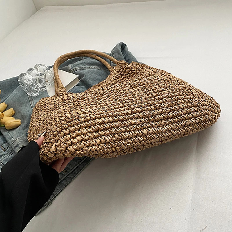 Straw Crochet Underarm Bag Hand-Woven Handbag Summer Weaving Simple Beach Shoulder Bags Women Solid Color 250207