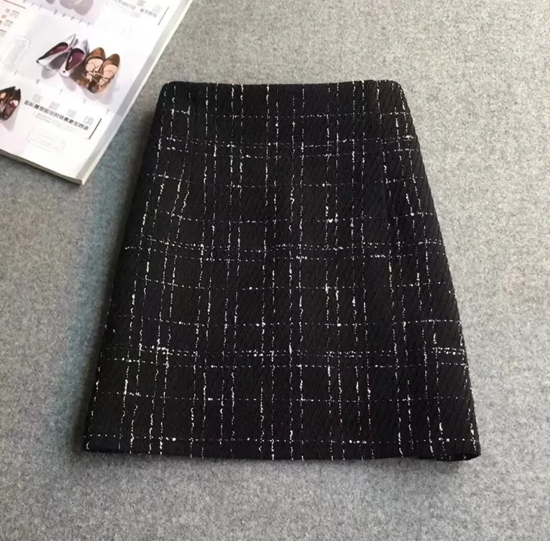 Glittery Tweed Skirt for Women High Waist with Gold Thread Pencil Mini Ladies Autumn Winter 250206Z
