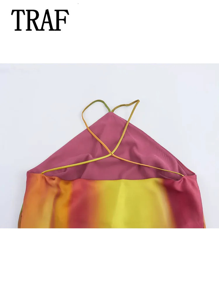 TRAF 2024 Womens Summer Retro Halter Fashion TieDye Dress Bohemian Style Elegant Sleeveless 250121