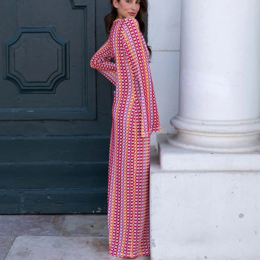 Crochet Colorful Stripe Maxi Dress Women Flare Sleeve Deep V-neck High Split Sexy Long Dresses Autumn Beach Banquet Vestidos 250208
