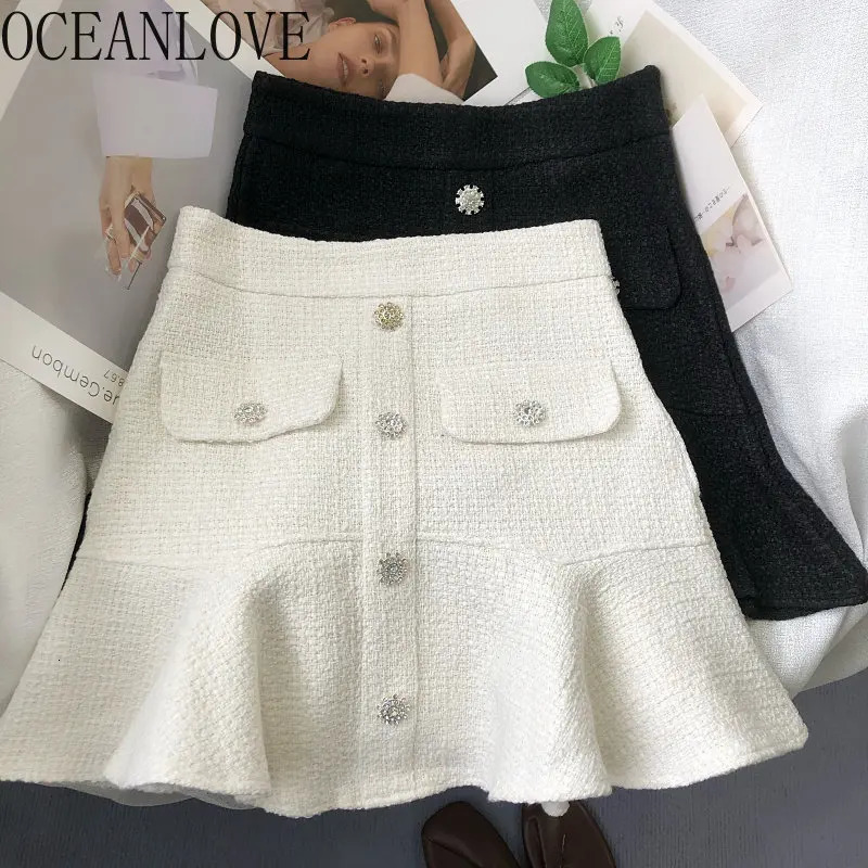 OCEANLOVE Tweed Women Skirts Solid Ruffles Vintage Aline Buttons Autumn Winter Folda Korean Elegant Skirt Femme Retro 250206Z