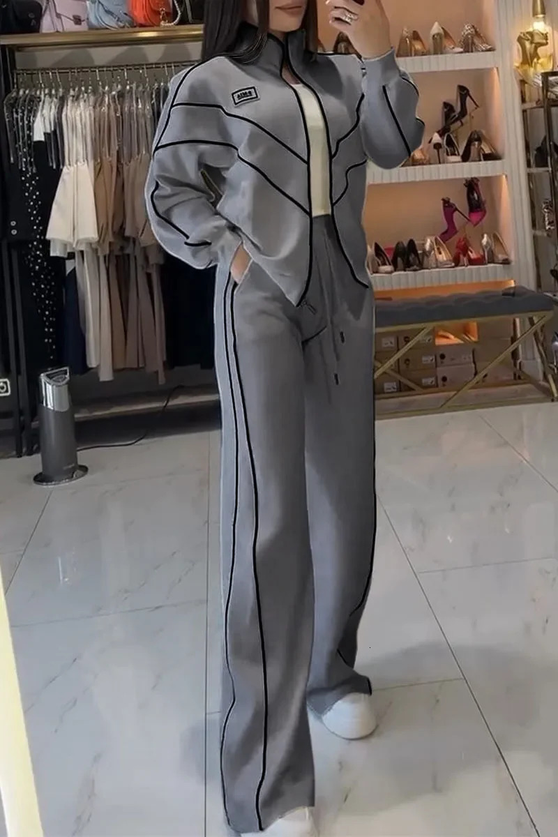 Women Fashion Elastic Waist Lace-up Solid Sport Outfits Casual Long Sleeve Loose 2Pc Set Elegant Zip Sweatshirt Long Pant Suit 250208