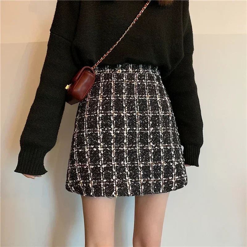 Plaid Wool Skirt Women Textured Glittery High Waist ALine Tweed Mini Saia Feminina Fall Winter 2024 Classic Outfit 250206Z