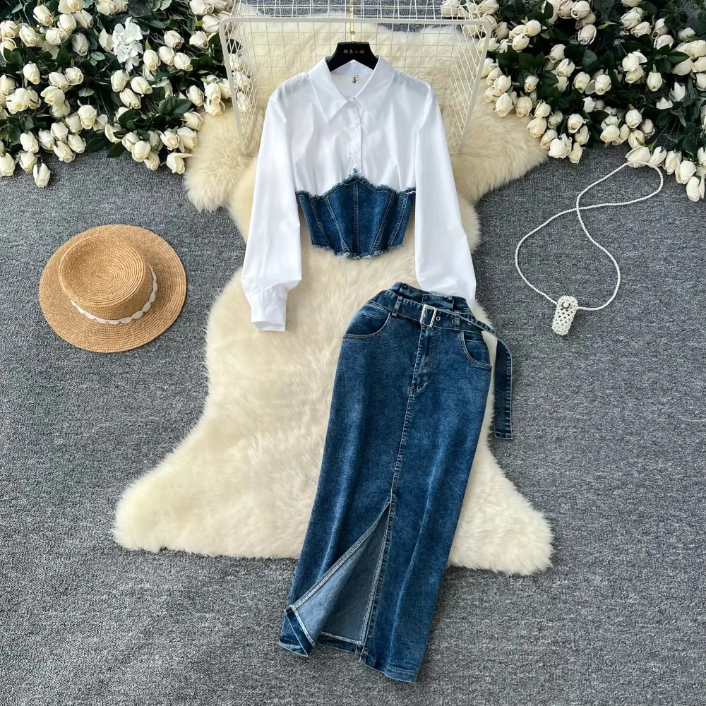 Women TwoPiece Sets Vintage Turndown Collar Cowboy Spliced Shirt and High Waist Split Skirt Korean Street Autumn Clothing 250208