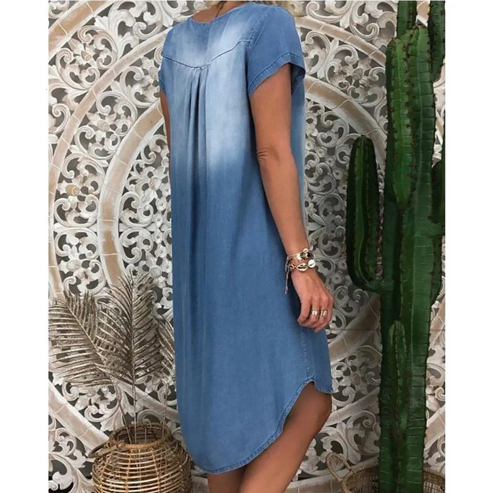 Denim Dress Swing Summer Plus Size 1XL5XL Womens Fashion Casual Solid V Neck Long Party Loose Short Sleeve 250121