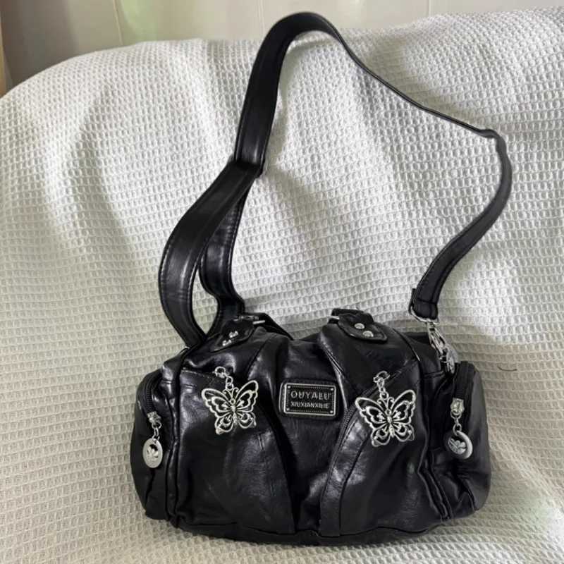 Xiuya Y2k Black Wens Shoulder Bag Gothic Advanced Fi Tote Bag Large Capacity Leather Motorcycle Vintage Handbag B250618