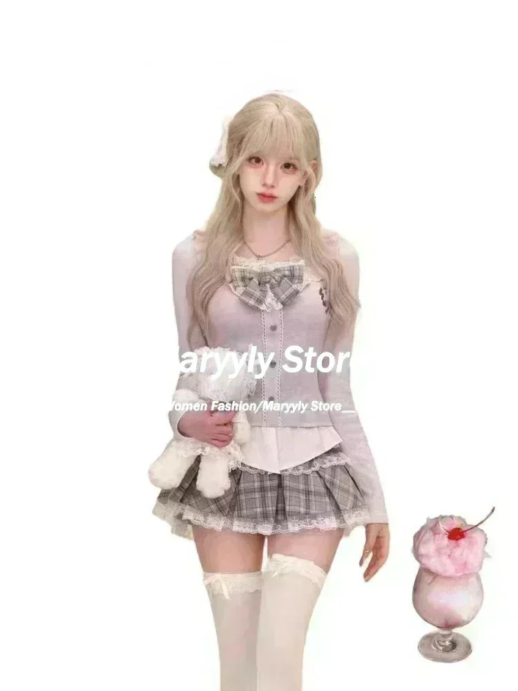 Japanese Sweet Preppy Style Skirt Set Women Kawaii Lace Patchwork Bow Tops Y2k Plaid Mini Elegant Outifits 2 Piece 250208